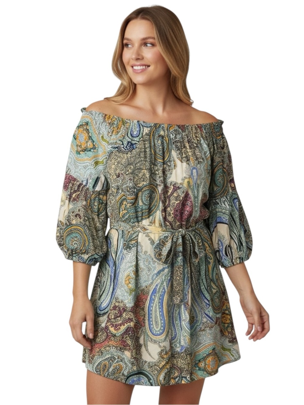 NWT Umgee Multi Paisley Off-Shoulder Tie Detail Mini Dress or Tunic Size Small